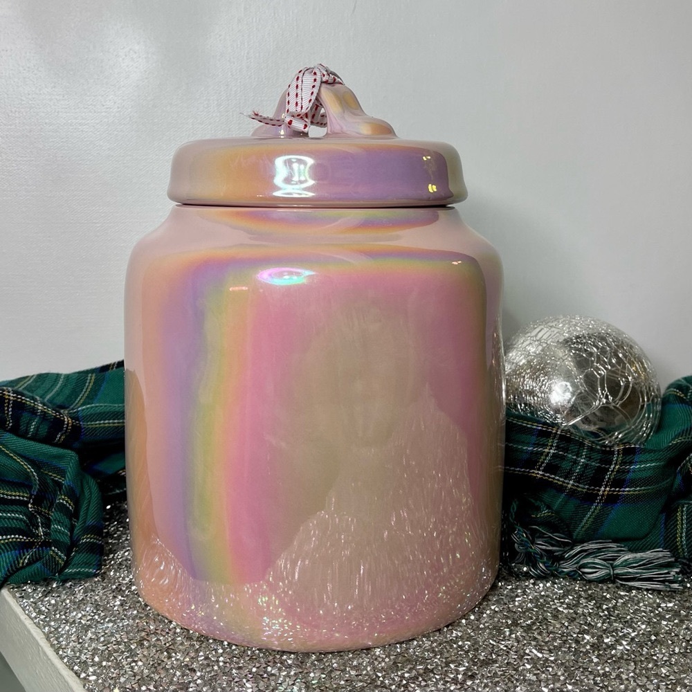 Rae Dunn Pink Iridescent Holiday Cookie Jar Merry & Bright Christmas Decor New - Picture 4 of 9
